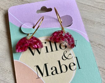 Hot pink neon pink handmade glitter statement earrings | rainbow charm gold hoop earrings | rainbow festival earrings