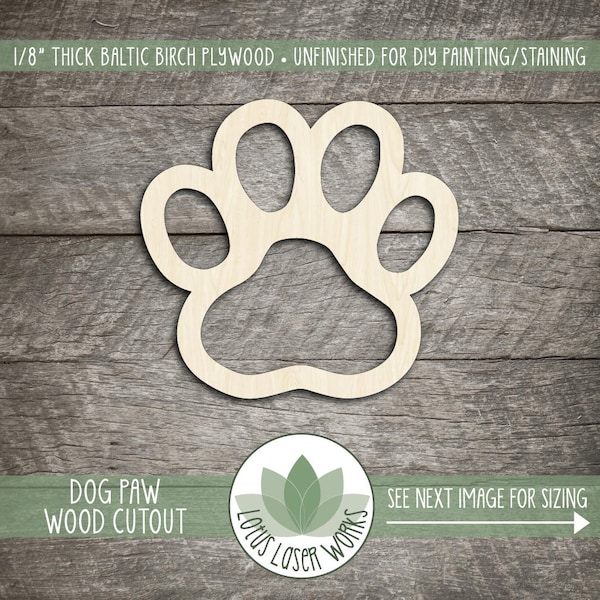 Paw Print Wood Shape, Unfinished Wooden Cutouts, Laser Cut Craft Blanks