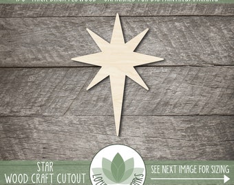 May include: A wooden star craft cutout, unfinished and ready for painting or staining. The star is made of 1/8 inch thick birch plywood. The image includes the text "STAR WOOD CRAFT CUTOUT" and a logo for "LOTUS LASER WORKS".