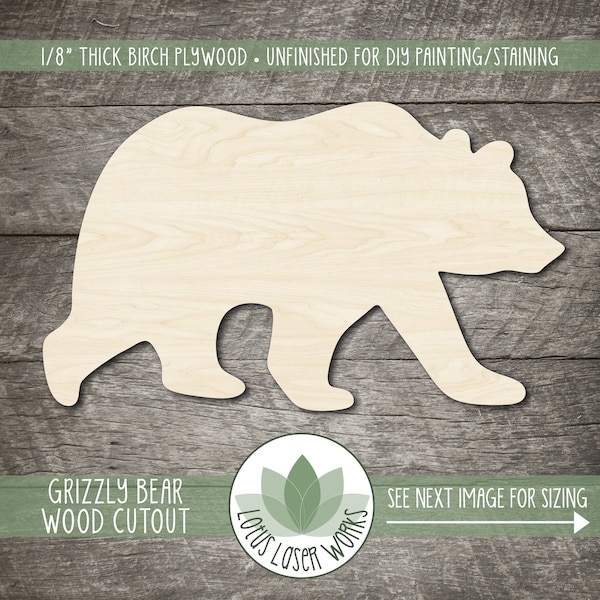 Grizzly Bear Wood Cutout, Unfinished Wood Blanks, Laser Cut Wood Animal Craft Shapes, Wood Craft Supply, Embellishment