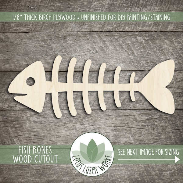 Fish Bones Wood Cutout, Wooden Fish Skeleton Shape, Blank Wood Craft Cutouts, Wood Animal Shapes