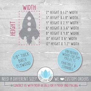 May include: A gray rocket ship cutout made of 1/8 inch thick birch plywood. The image shows different sizes available for the rocket ship cutout, ranging from 2 inches to 12 inches in height. The text "Unfinished wood for DIY projects Paintable & Stainable" is also included in the image.
