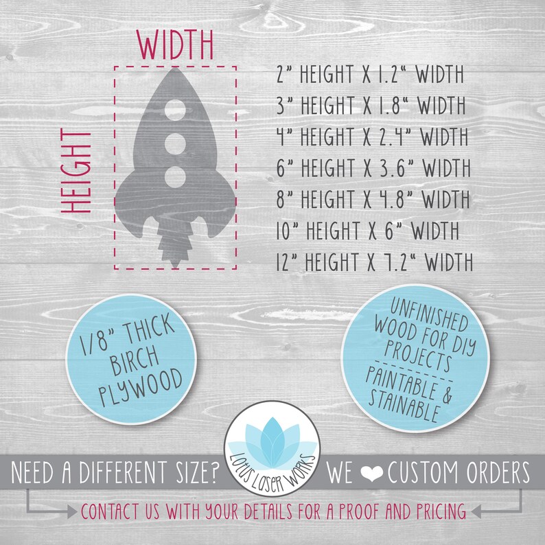 May include: A gray rocket ship cutout made of 1/8 inch thick birch plywood. The image shows different sizes available for the rocket ship cutout, ranging from 2 inches to 12 inches in height. The text "Unfinished wood for DIY projects Paintable & Stainable" is also included in the image.