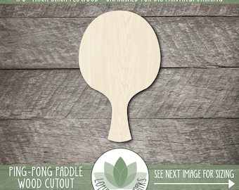 May include: Unfinished wooden ping pong paddle cutout made from 1/8 inch thick birch plywood. The paddle is shaped like a traditional ping pong paddle with a rounded head and a handle. The wood is a light natural color.