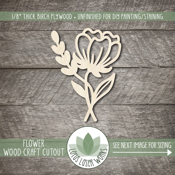 Flower With Leaves Wood Cutout, Unfinished Wood Craft Blanks, Laser Cut Wooden Flower Shapes, Wood Craft Supplies, Embellishment