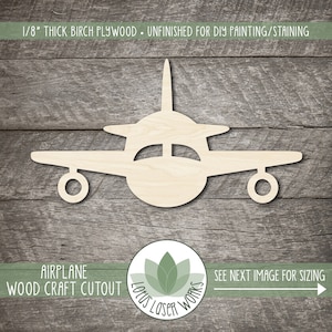 May include: A wooden airplane cutout, unfinished and ready for painting or staining. The cutout is made from 1/8 inch thick birch plywood. The image includes the text "AIRPLANE WOOD CRAFT CUTOUT" and "SEE NEXT IMAGE FOR SIZING".