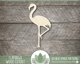 May include: A wooden flamingo cutout made from 1/8" thick Baltic birch plywood. The unfinished wood is ready for DIY painting or staining. The image includes the text "Flamingo Wood Cutout" and "Lotus Laser Works".