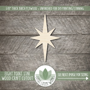Wood Eight Point Star Cutout, Unfinished Wooden Craft Blanks, Laser Cut Shapes