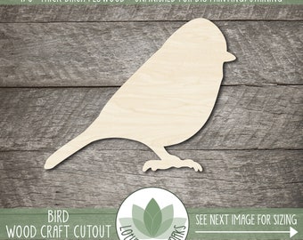 May include: A bird-shaped wood craft cutout made of 1/8" thick birch plywood. The unfinished surface is ready for painting or staining. The image includes the text "BIRD WOOD CRAFT CUTOUT" and "SEE NEXT IMAGE FOR SIZING".