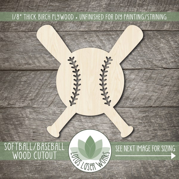 Softball With Crossed Bats, Laser Cut Baseball With Bats Shape, Unfinished Wood, DIY Craft Embellishment, Laser Cut Wooden Sport Shapes