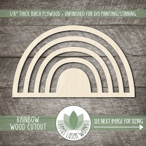 May include: Unfinished wooden rainbow cutout made from 1/8 inch thick birch plywood. The rainbow has five arches, each a different size. The cutout is perfect for DIY painting or staining.