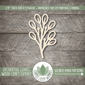 May include: A decorative wooden cutout of leaves, perfect for crafting projects. The cutout is made from 1/8 inch thick birch plywood and is unfinished, allowing for customization with paint or stain.