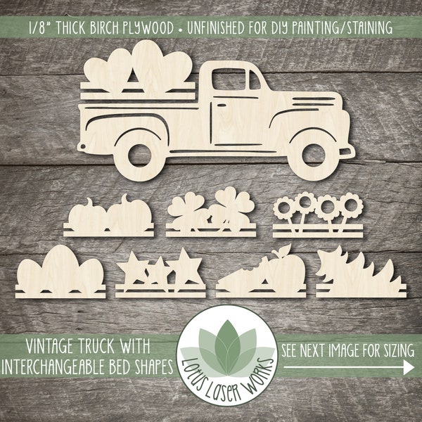 Wood Vintage Pick Up Truck Cutout With Interchangeable Bed Pieces, Wooden Truck Set With Changeable Holiday Bed Pieces
