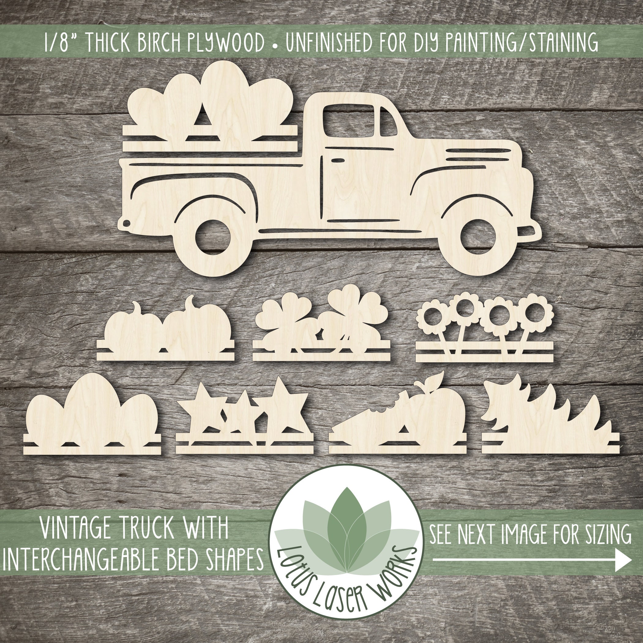Wood Vintage Pick Up Truck Cutout With Interchangeable Bed Pieces, Wo…