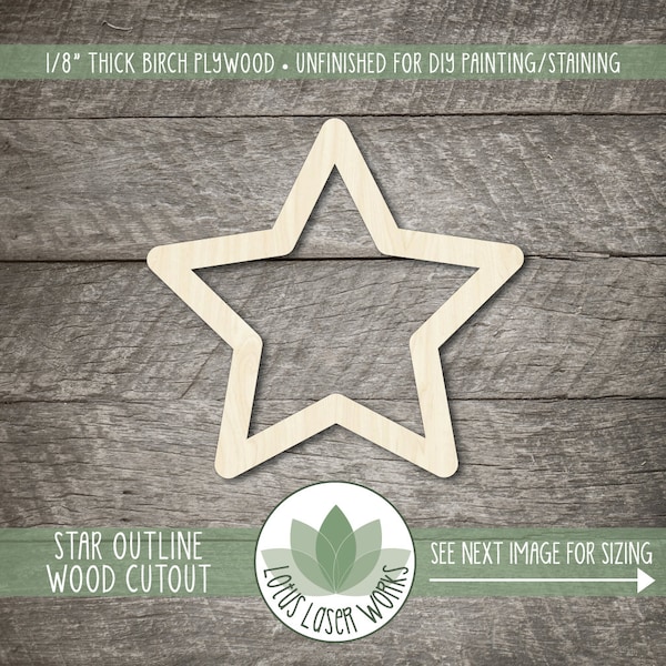 Wood Star Outline Cutout, Unfinished Wood star Laser Cut Shape, DIY Craft Supply, Many Size Options, Blank Wood Shapes