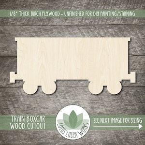 May include: Unfinished wooden train boxcar cutout, made from 1/8 inch thick birch plywood. The cutout is ready for painting or staining.