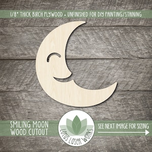 Smiling Crescent Moon Wood Cutout, Moon Nursery Wall Decor, Unfinished Wood Blanks, Laser Cut Outer Space Shapes