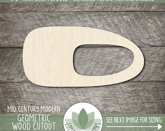Op de afbeelding: Onbewerkt 1/8 inch dik berkenhouten uitsparing van een mid-century modern geometrisch ontwerp. De uitsparing heeft een gat in het midden. De afbeelding bevat de tekst "Mid Century Modern Geometric Wood Cutout" en "Zie volgende afbeelding voor de maatvoering".