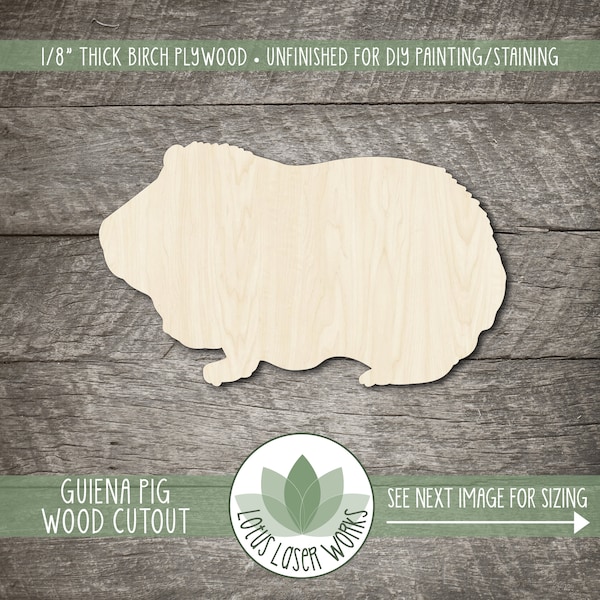 Wood Craft Shapes, Guinea Pig, Laser Cut Wooden Animal Cutouts, Unfinished Wood Blanks, DIY Craft Embellishment
