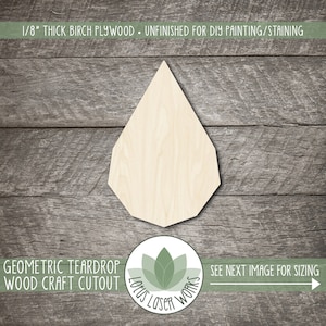 Geometric Teardrop Wood Cutout, Laser Cut Craft Shapes, Unfinished Wooden Blanks