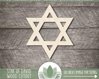 May include: A wooden cutout of the Star of David, a six-pointed star, made from 1/8 inch thick birch plywood. The cutout is unfinished and ready for painting or staining. The image includes the text "STAR OF DAVID WOOD CUTOUT" and "SEE NEXT IMAGE FOR SIZING".