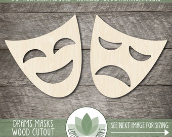 Wood Drama Mask Cutout, Comedy And Tragedy Theatre Masks, Unfinished Wood DIY Craft Embellishments