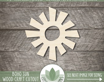 May include: A wooden sun cutout made of 1/8" thick birch plywood. The unfinished sunburst design is ready for DIY painting or staining. The image includes the text "BOHO SUN WOOD CRAFT CUTOUT" and "SEE NEXT IMAGE FOR SIZING".