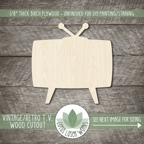 Vintage Television Wood Cutout, Unfinished Wood Blanks, Laser Cut Retro T.V. Wood Shape, DIY Craft Embellishments