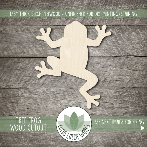 Tree Frog Wood Cutout, Unfinished Wood Craft Blanks, DIY Craft Supplies, Laser Cut Wooden Rainforest Animal Shapes