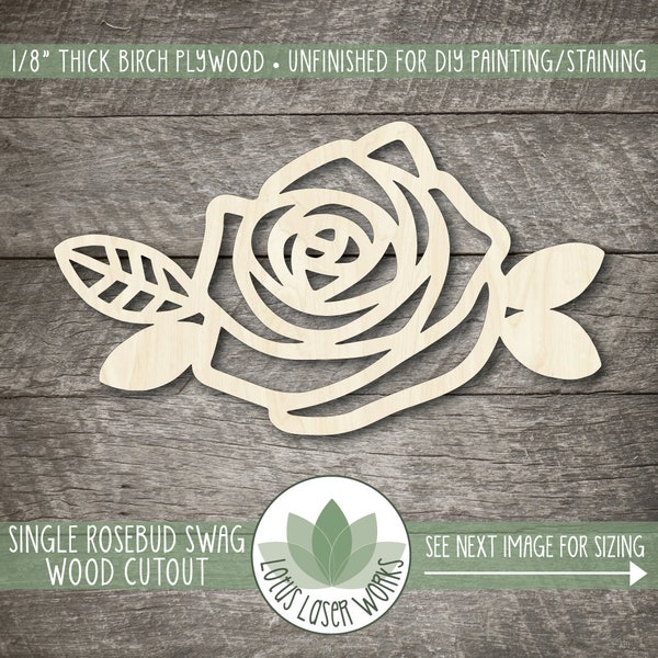 Rosebud Swag Wood Cutout, Sign Making Supplies, Single Rose With Leaves Wood Shape, Blank Flower Shapes