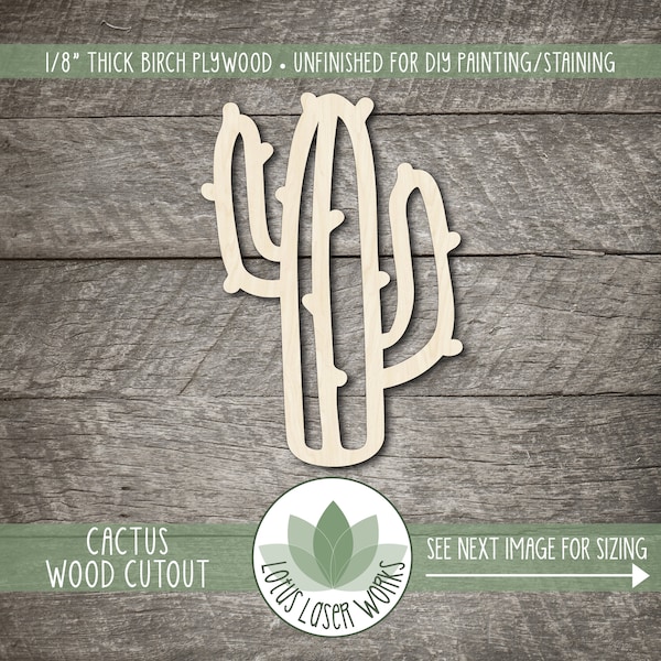 Cactus Wood Cutout, Unfinished Wood Blanks, DIY Craft Embellishment, Laser Cut Wooden Saguaro Cactus Shape