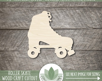 Puede incluir: Corte de patín de madera sin terminar, hecho de madera de abedul de 1/8 de pulgada de grosor. El corte está listo para pintar o teñir. La imagen incluye el texto "Roller Skate Wood Craft Cutout" y "See next image for sizing".
