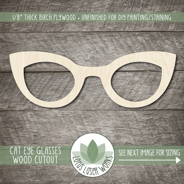 Cat Eye Glasses Wood Craft Shape, Laser Cut Wooden Glasses Cutout, Unfinished Wood Blanks, Wood Craft Supplies, Embellishment