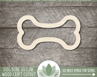 May include: Unfinished 1/8" thick birch plywood dog bone outline cutout. The cutout is designed for DIY painting or staining. The image also includes the text "Lotus Laser Works" and "See next image for sizing."