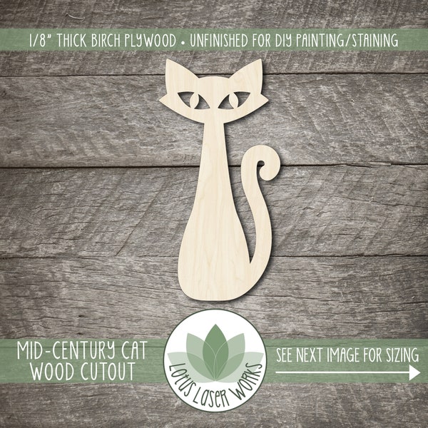 Retro Cat Wood Cutout, Unfinished Wood Blanks, Laser Cut Wooden Mid-Century Modern Cat Shape, DIY Craft Embellishment