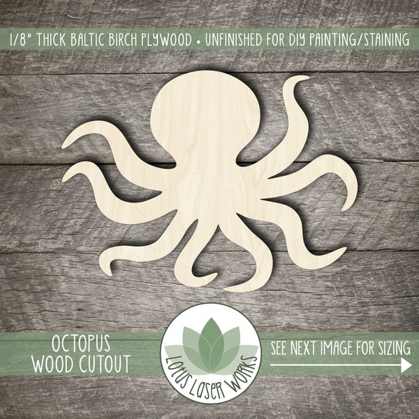 Wood Octopus Shape, Wooden Octopus Cutout, Blank Wood Shapes, Unfinished Wood For DIY Projects, Many Size Options, Wood Sign Making Supplies