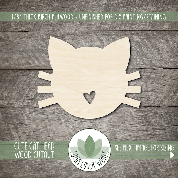 Cute Cat Head Wood Cutout, Unfinished Wood Blanks, Laser Cut Wooden Cat Face With Heart Shape, Wood Craft Supplies, Embellishment