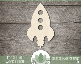 Rocket Ship Wood Cutout, DIY Craft Embellishments, Unfinished Wood Blanks, Laser Cut Wooden Space Shapes