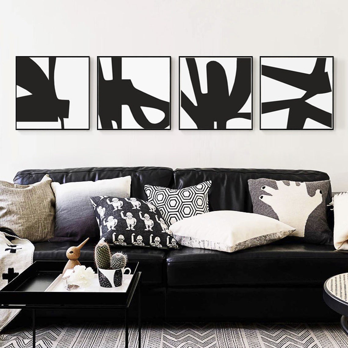 Black Abstract Print Set Of 4 Prints Living Room Wall Art | Etsy