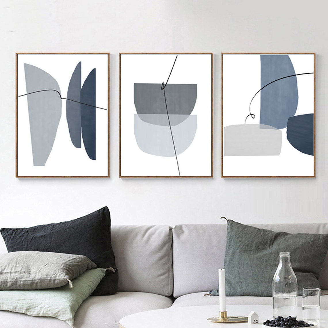 Blue Gray Wall Art Set Of 3 Prints Geometric Print Abstract Etsy