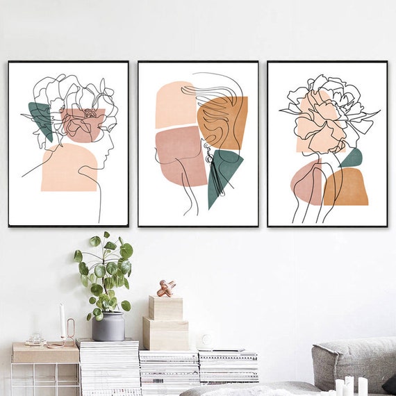 Gallery Wall Set Minimalist Art Print Set of 3 Female Body Vase Art Landscape Wall Decor Boho Woman Line Drawing