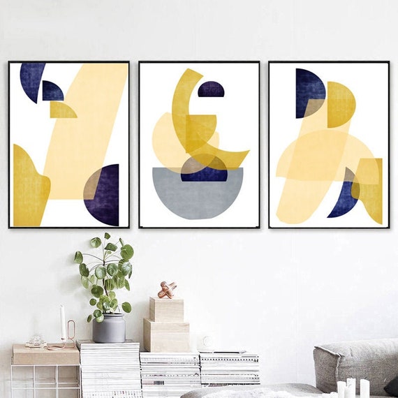 Geometric Poster Navy Yellow Wall Art Trio Art Prints Abstract Etsy