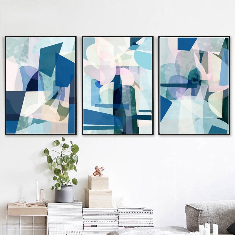 Blue Abstract Prints Set Of 3 Wall Art Interior Art Etsy