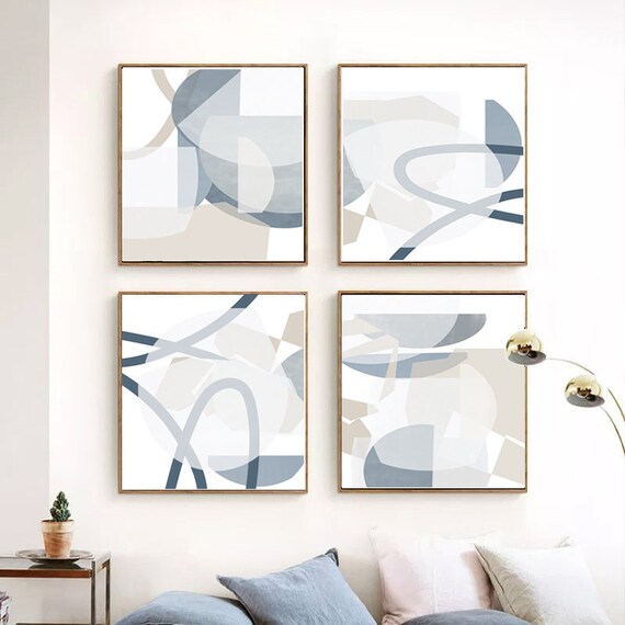 Abstract Geometric 4 Piece Wall Art Gray Blue Art Abstract Etsy