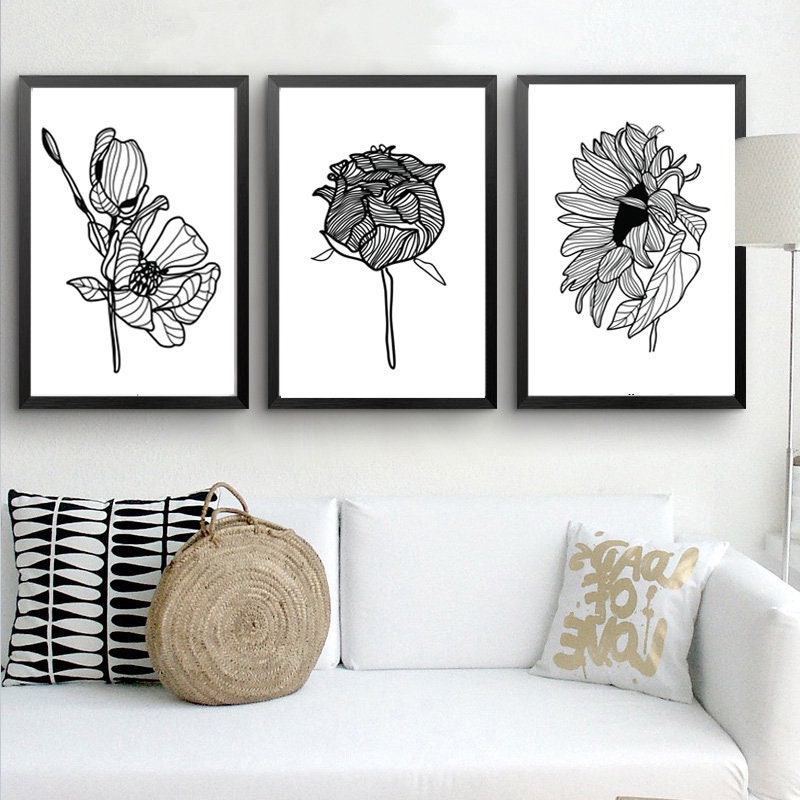 Flower Prints Black And White Art Botanical Poster Flower Line Etsy