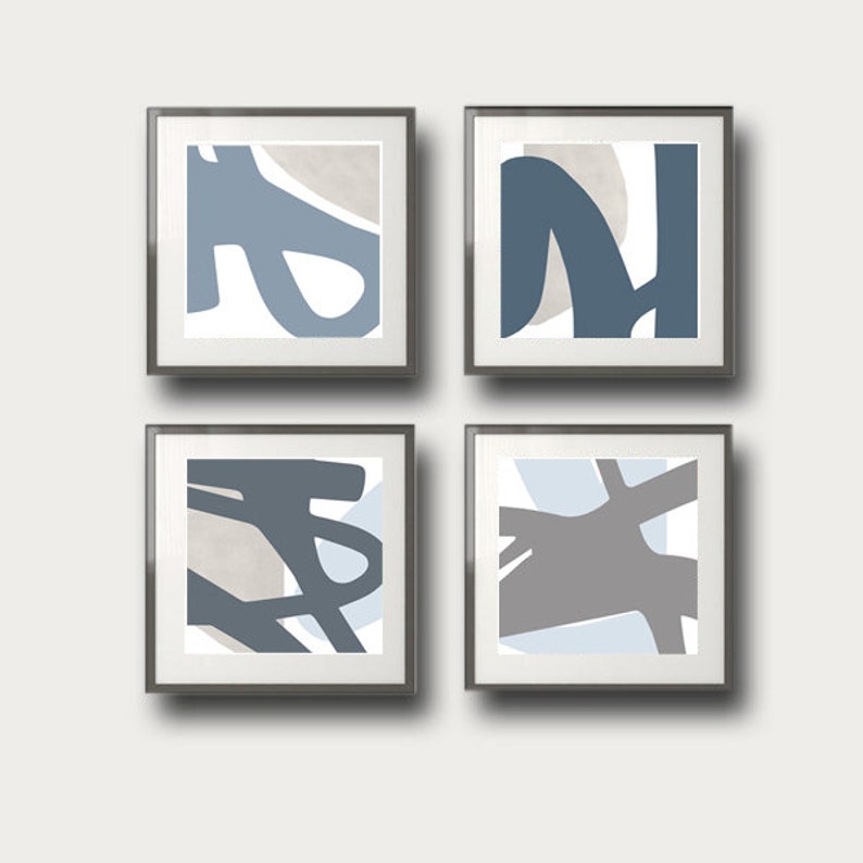 Geometric Line Art Four Prints Blue Gray Art Set Of 4 Wall Art Etsy