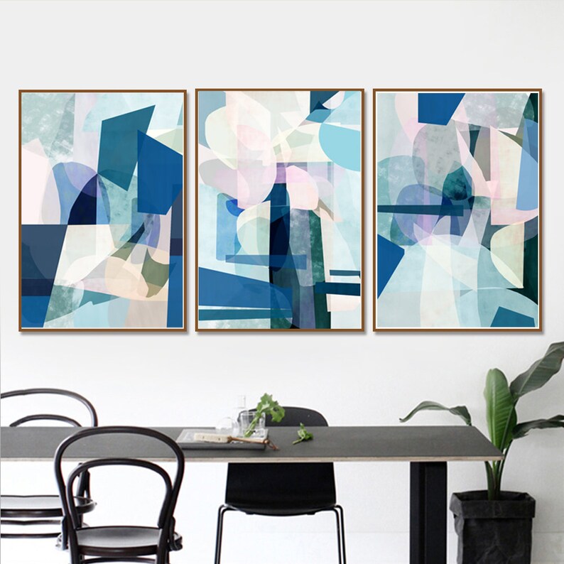 Blue Abstract Prints Set Of 3 Wall Art Interior Art Etsy