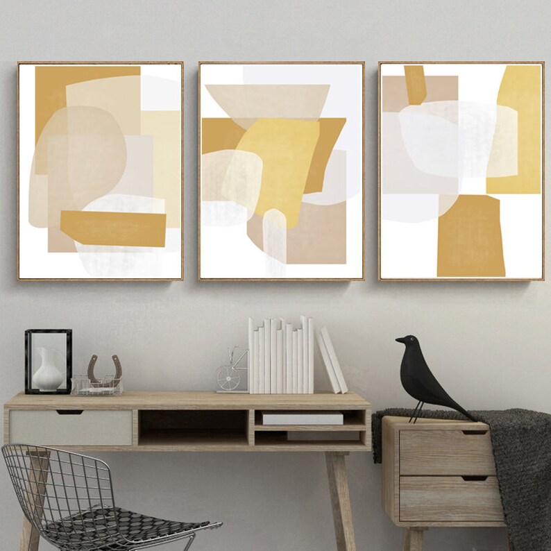 Geometric Abstract Ochre Art Set Of 3 Prints Modern Artwork Etsy