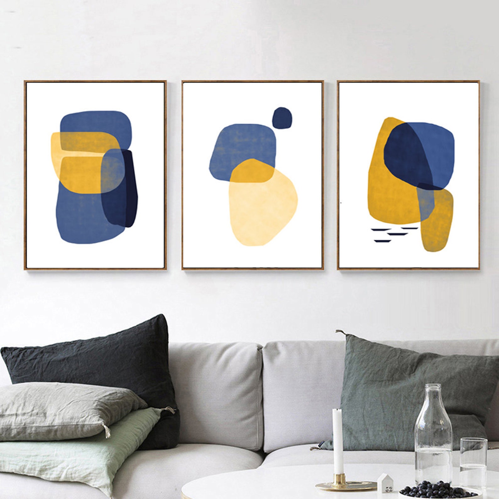 Geometric Abstract Ochre Art Blue Abstract Art Set of 3 Prints Etsy