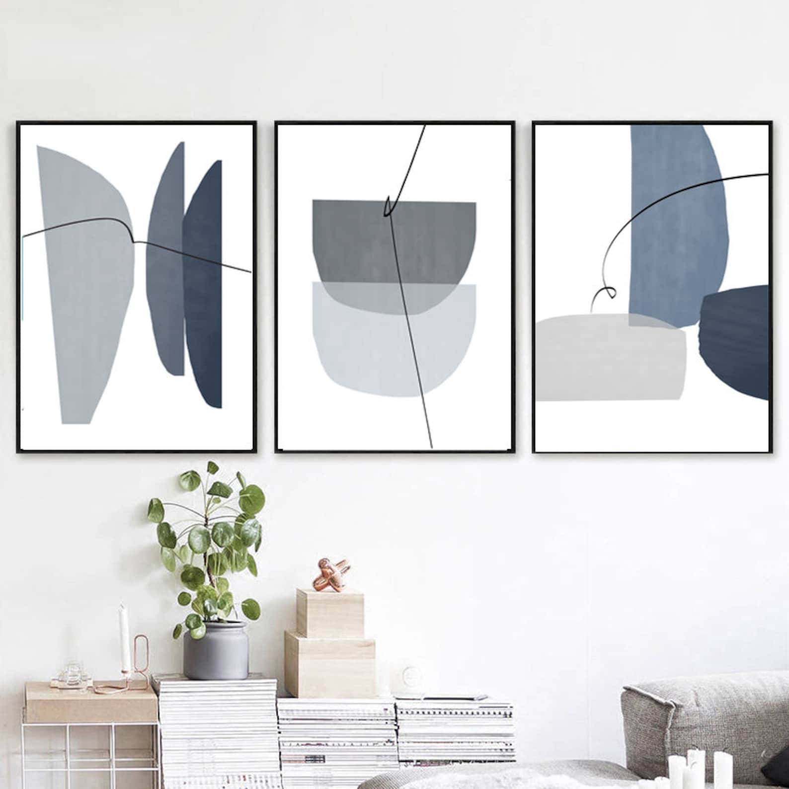 Blue Gray Wall Art Set Of 3 Prints Geometric Print Abstract Etsy